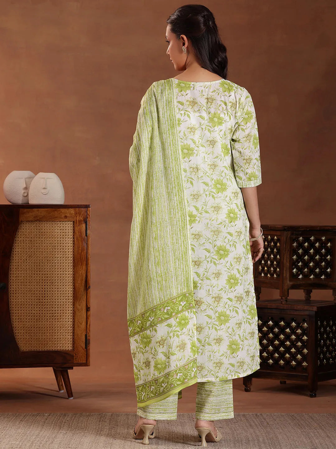  Green Printed Cotton Straight Suit With Dupatta 