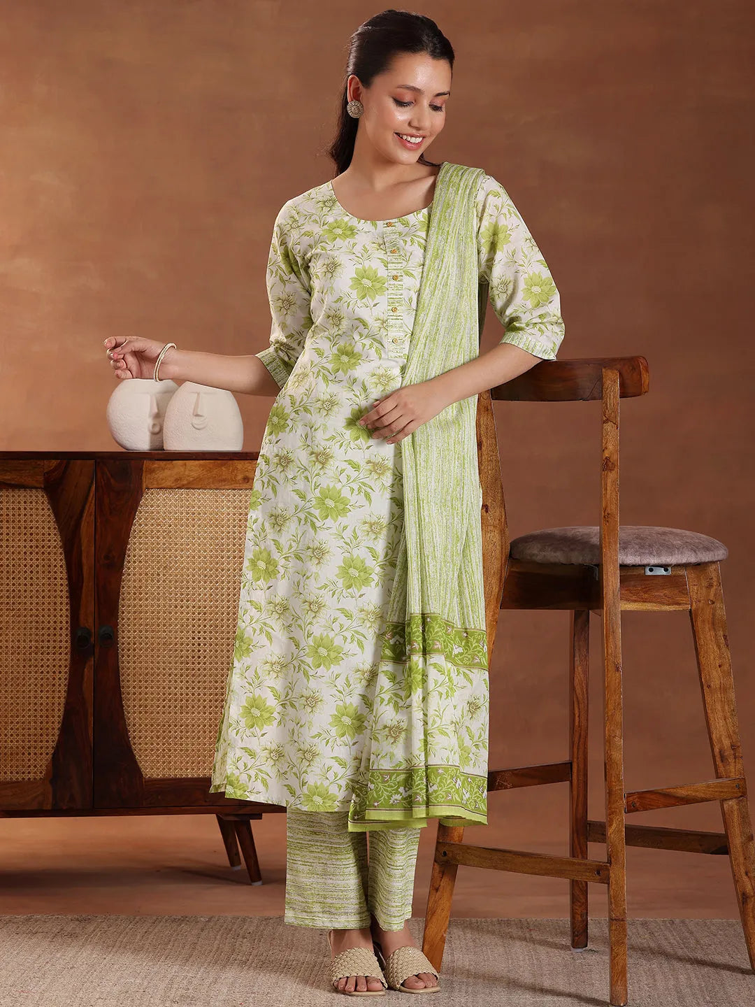  Green Printed Cotton Straight Suit With Dupatta 