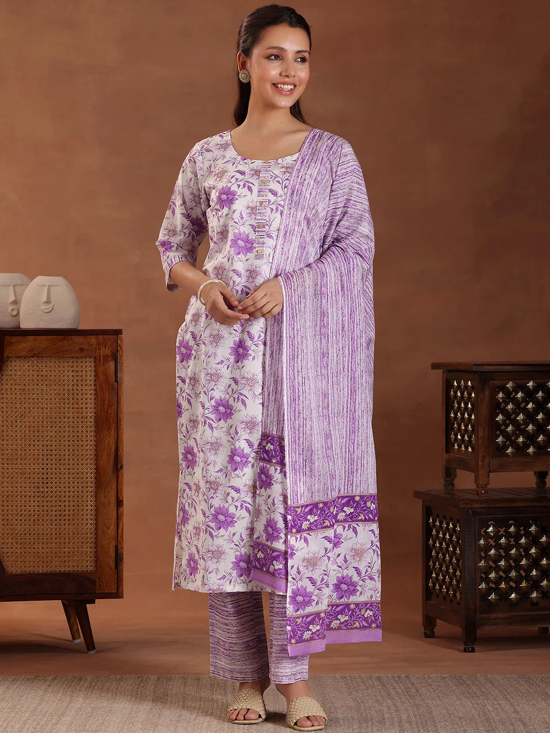  Purple Printed Cotton Straight Suit With Dupatta 