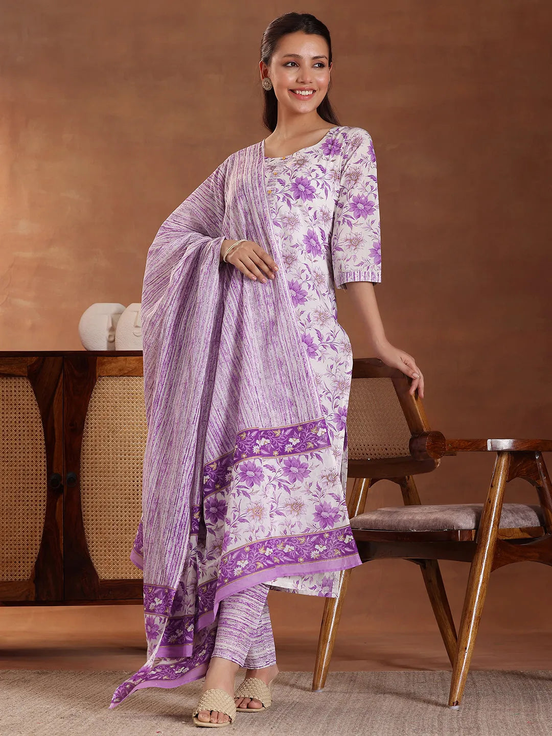  Purple Printed Cotton Straight Suit With Dupatta 