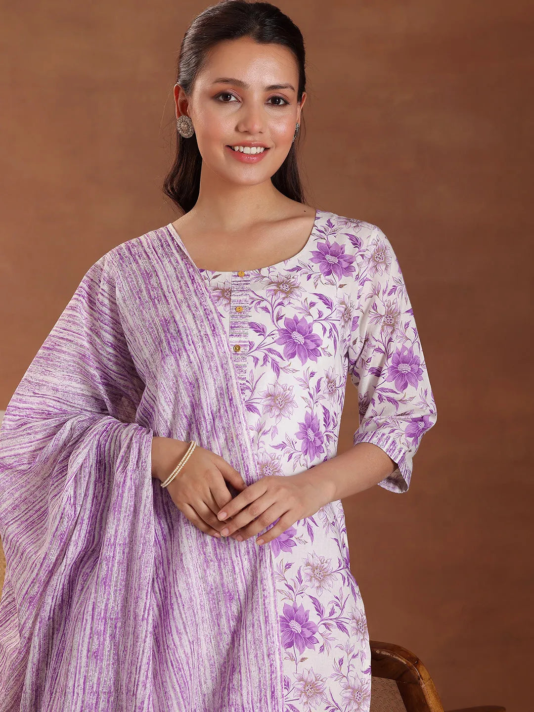  Purple Printed Cotton Straight Suit With Dupatta 