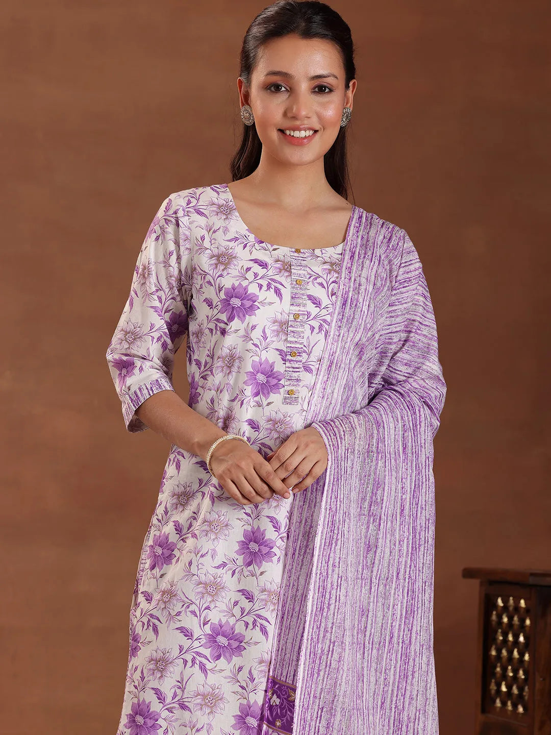  Purple Printed Cotton Straight Suit With Dupatta 