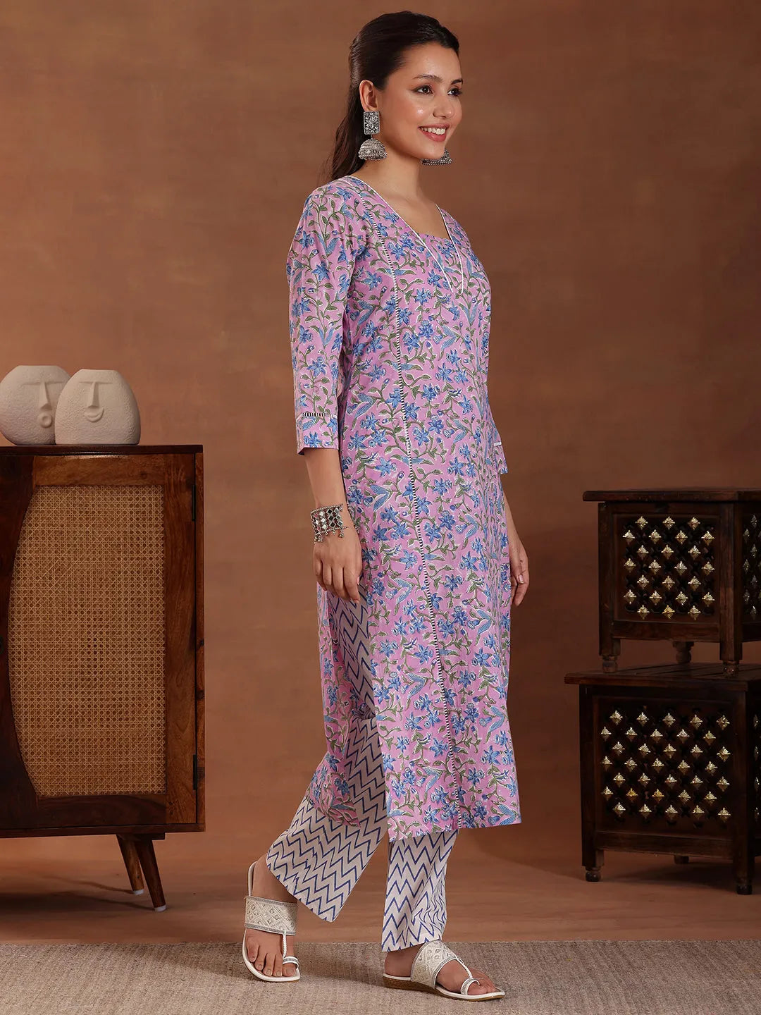  Purple Printed Cotton Straight Suit With Dupatta 