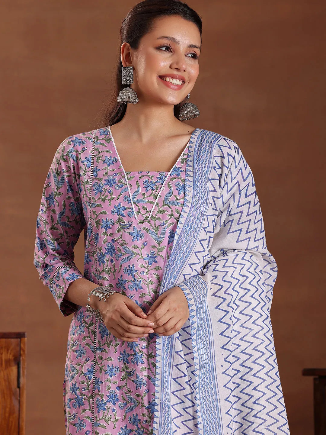  Purple Printed Cotton Straight Suit With Dupatta 