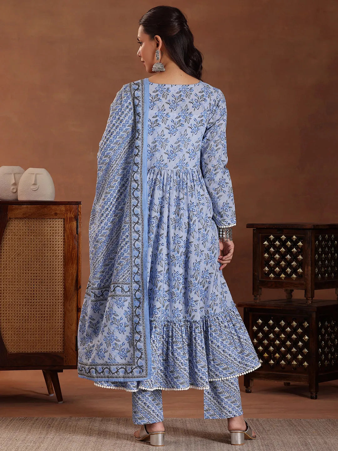  Blue Printed Cotton Anarkali Suit With Dupatta 