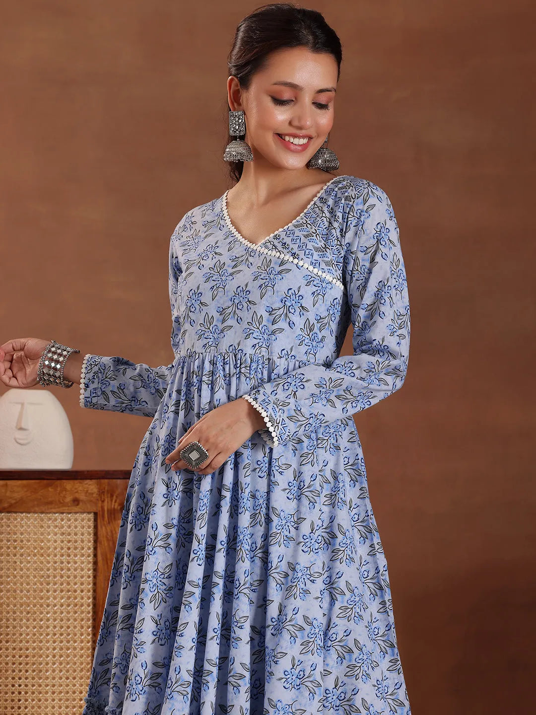  Blue Printed Cotton Anarkali Suit With Dupatta 