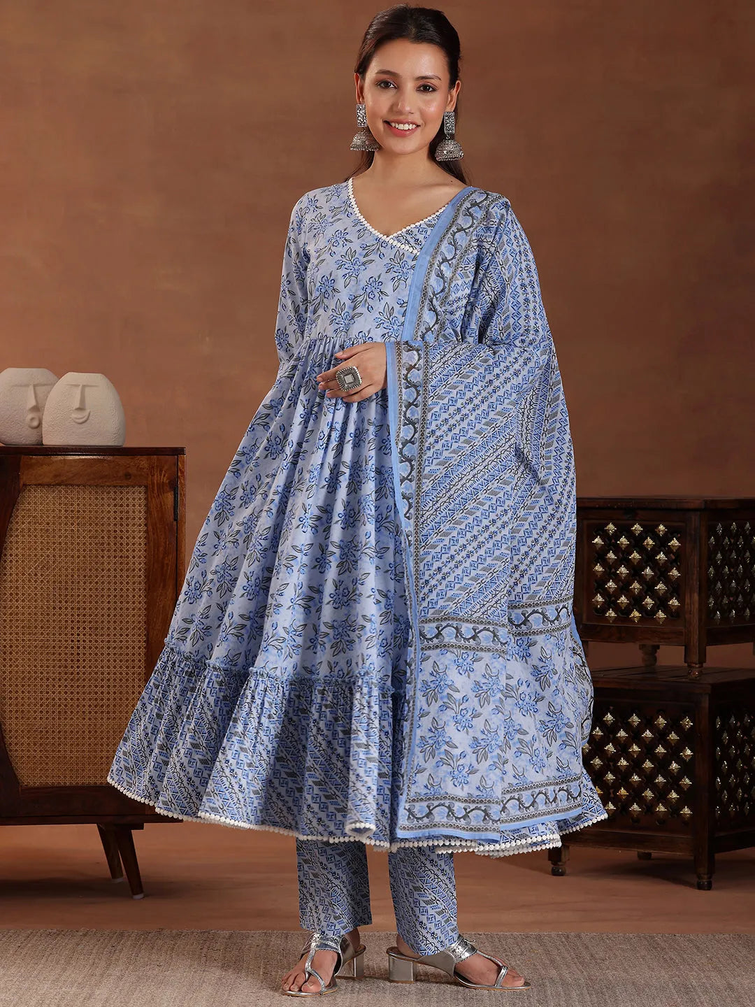  Blue Printed Cotton Anarkali Suit With Dupatta 