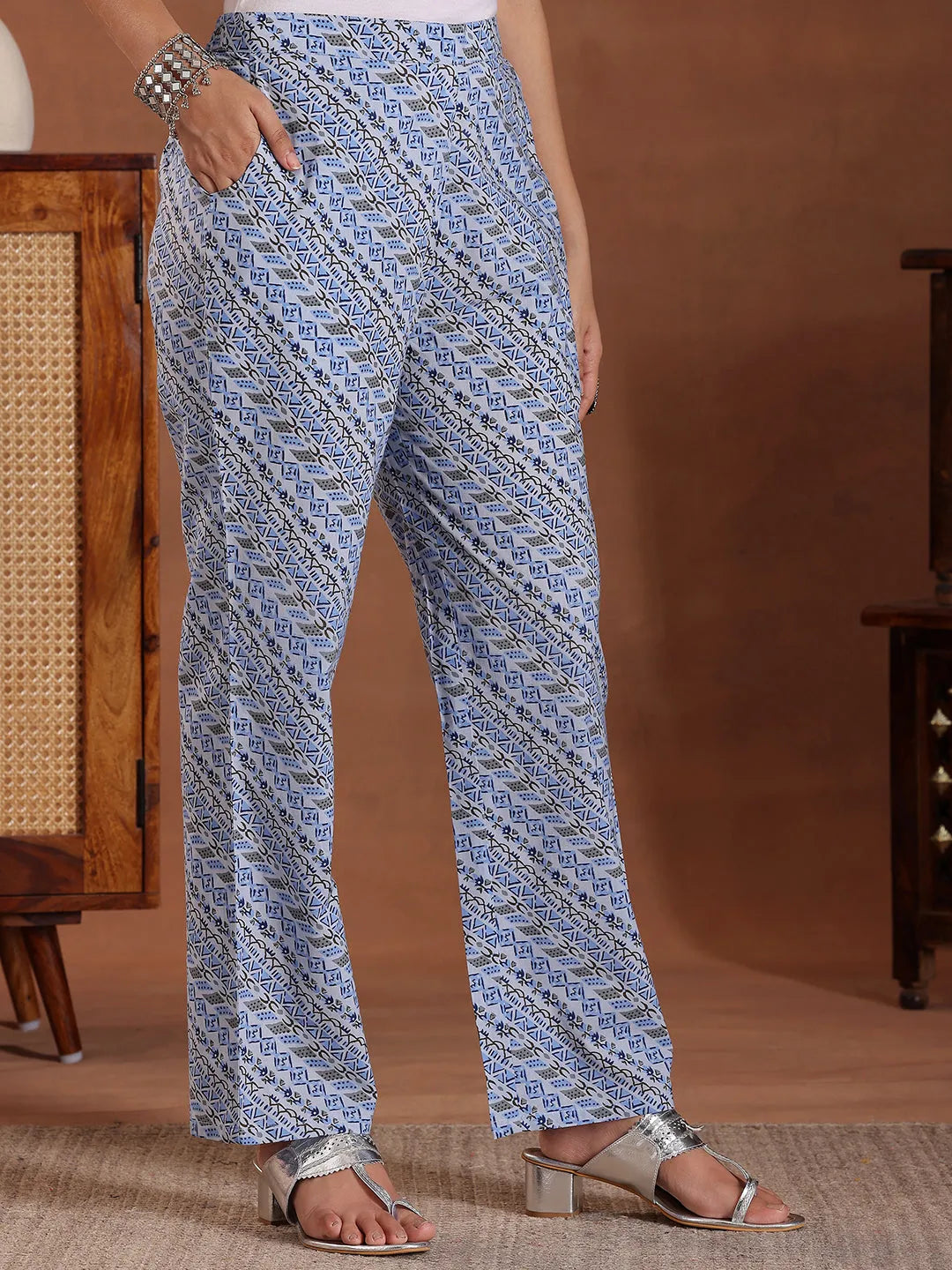  Blue Printed Cotton Anarkali Suit With Dupatta 