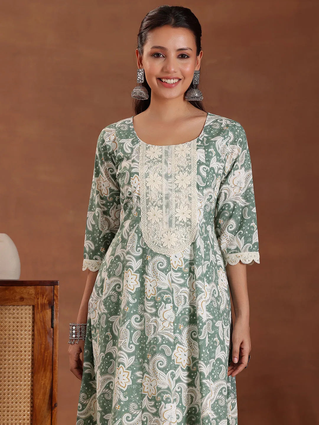  Green Printed Cotton Anarkali Suit With Dupatta 