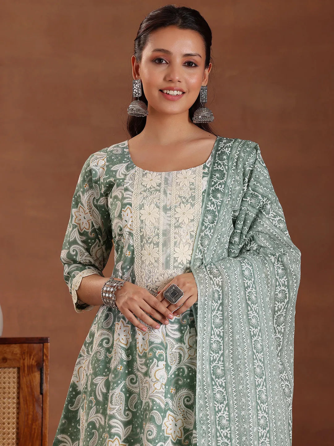  Green Printed Cotton Anarkali Suit With Dupatta 