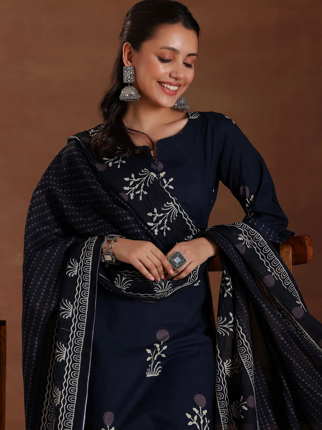  Blue Printed Cotton Straight Suit With Dupatta 