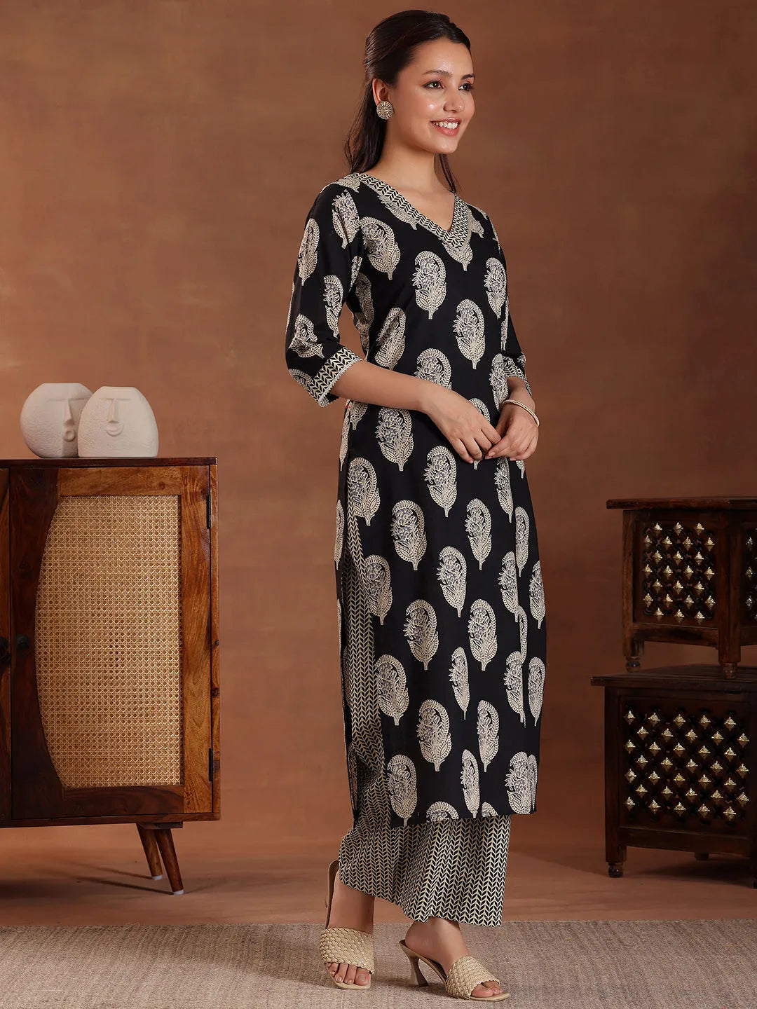  Black Printed Cotton Straight Suit With Dupatta 