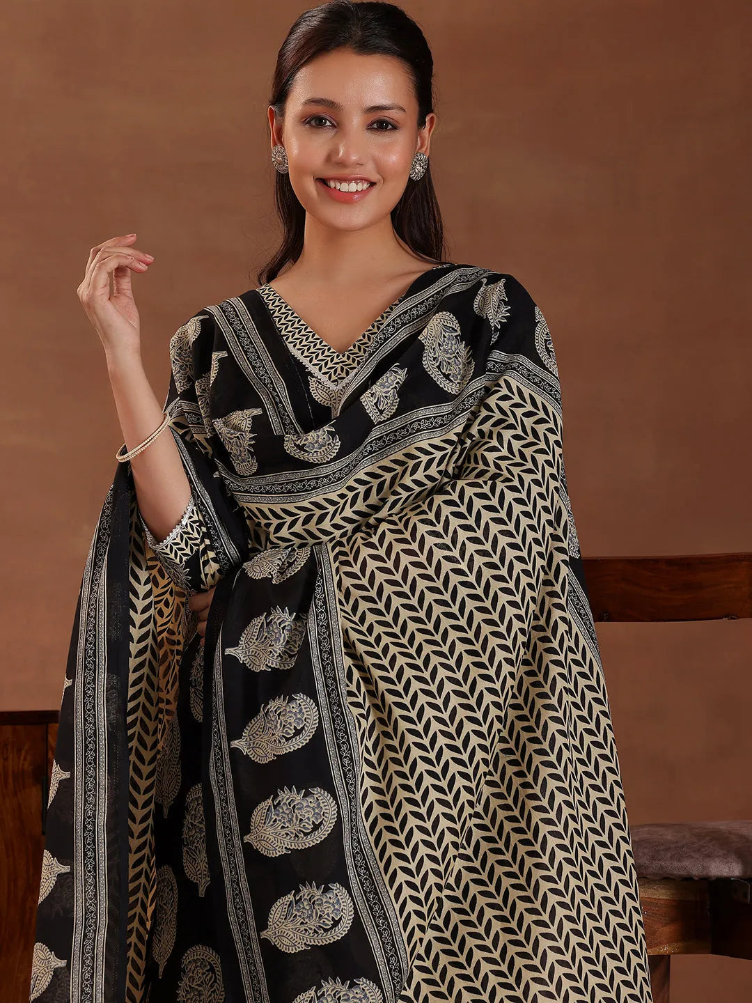  Black Printed Cotton Straight Suit With Dupatta 