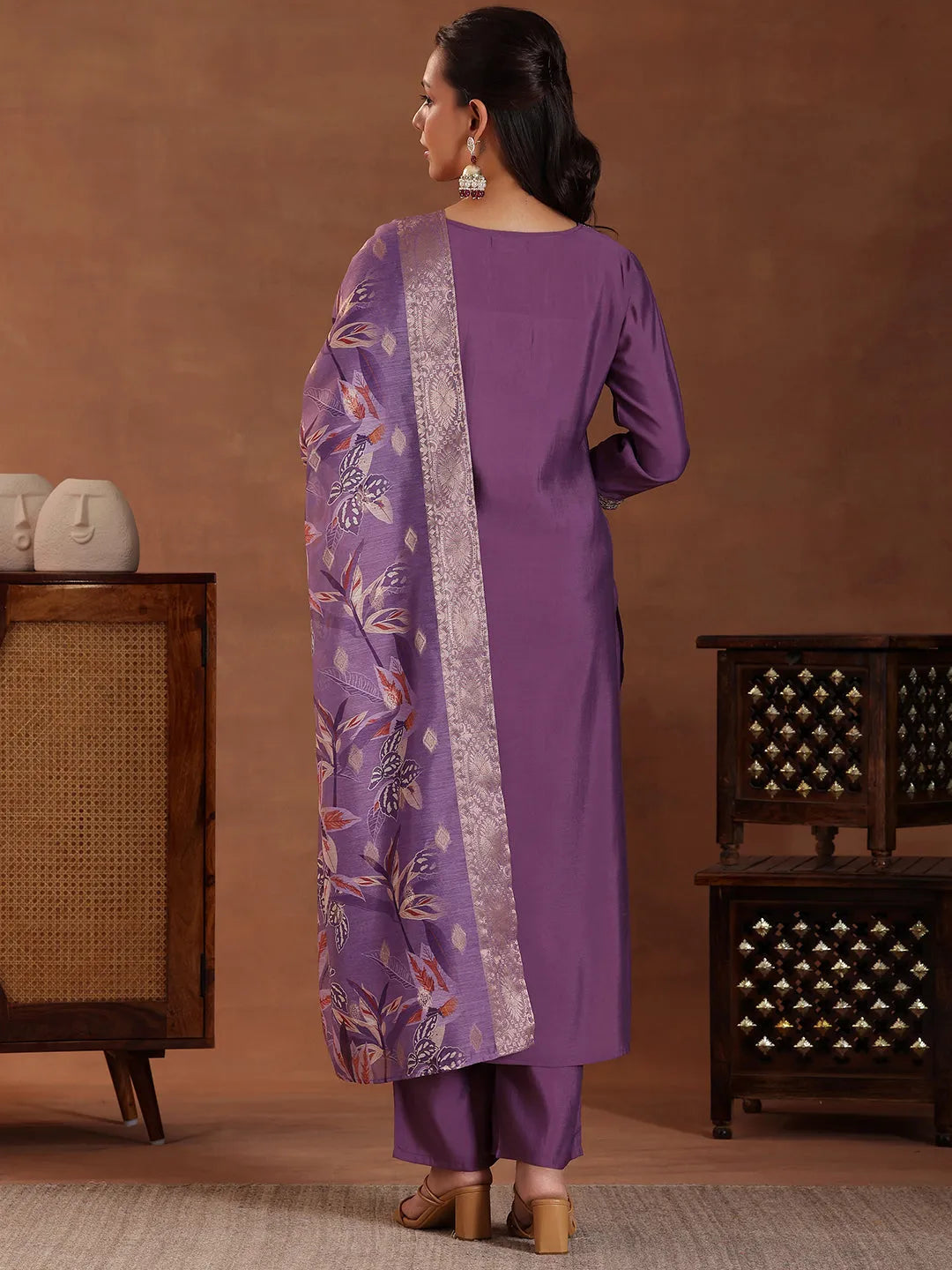  Purple Solid Silk Blend Straight Suit With Dupatta 