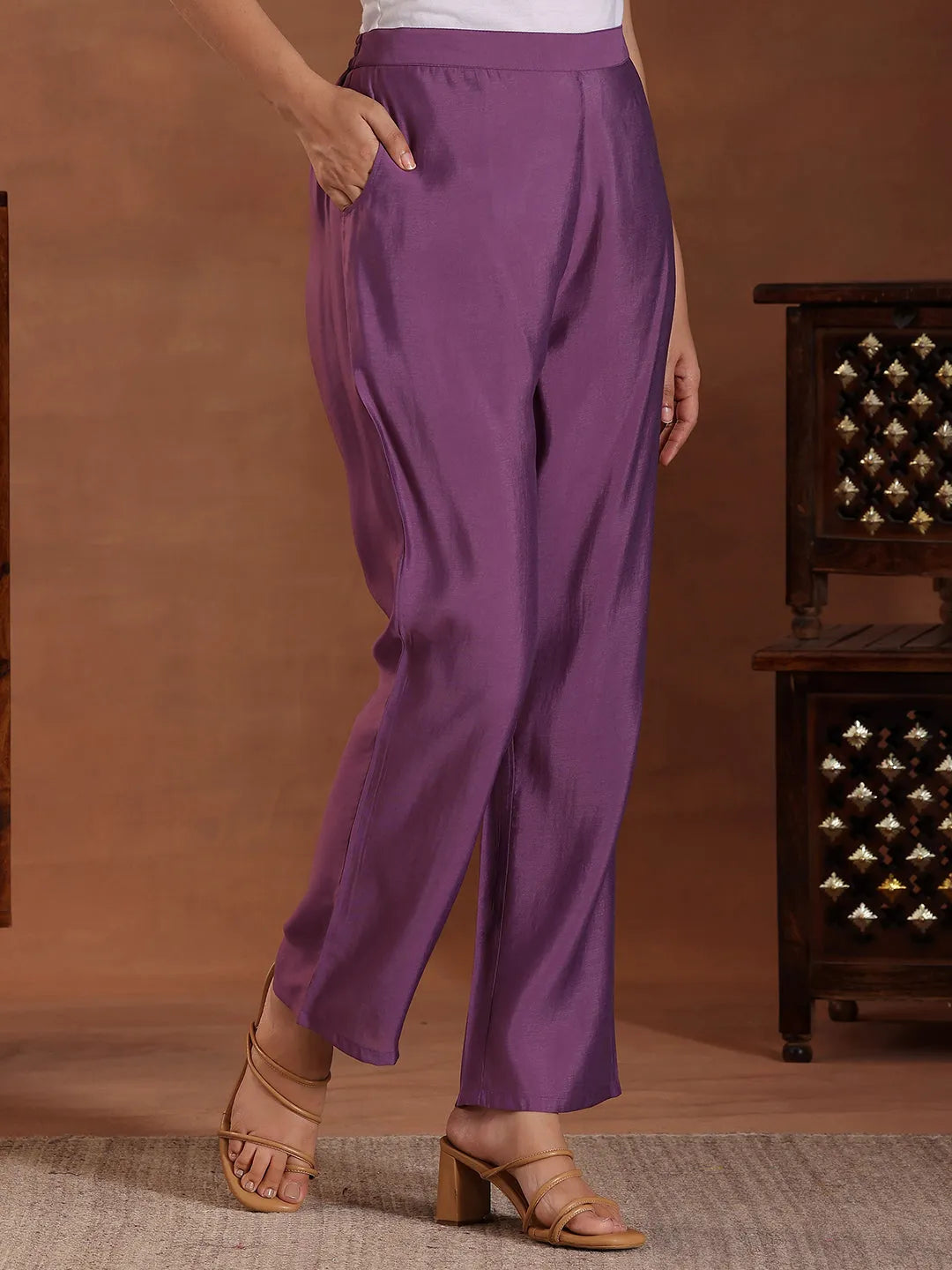  Purple Solid Silk Blend Straight Suit With Dupatta 