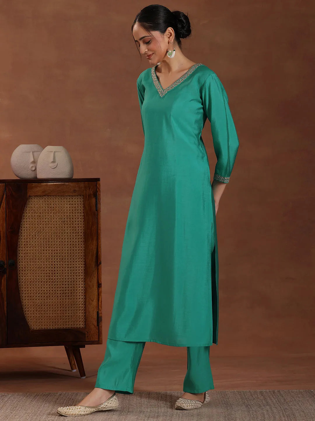  Blue Solid Silk Blend Straight Suit With Dupatta 