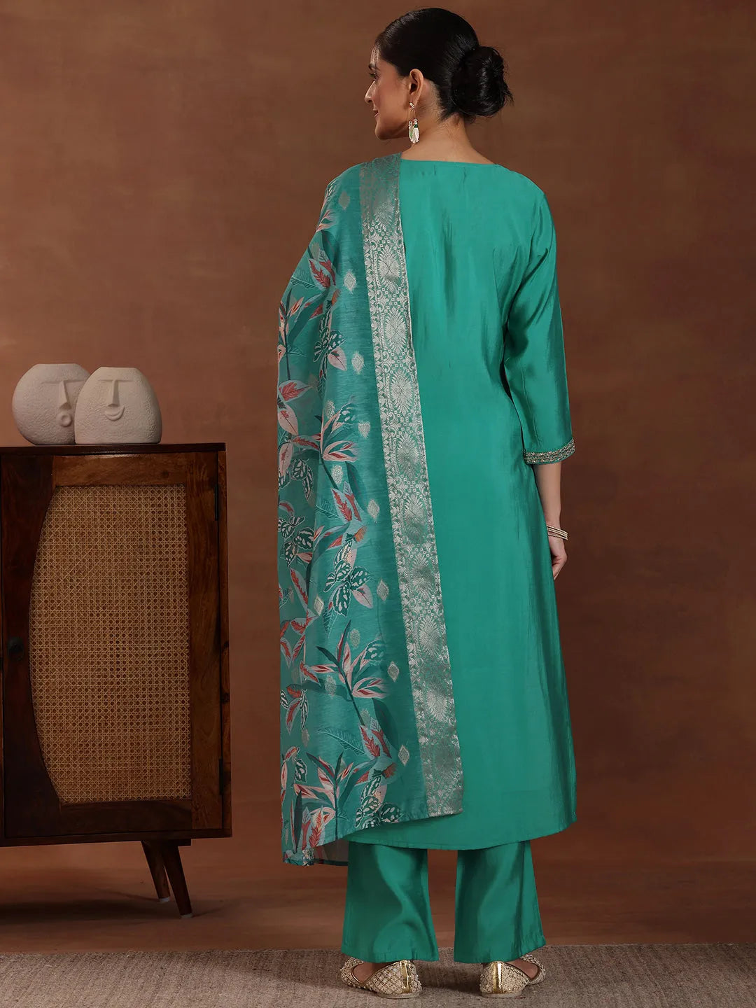  Blue Solid Silk Blend Straight Suit With Dupatta 