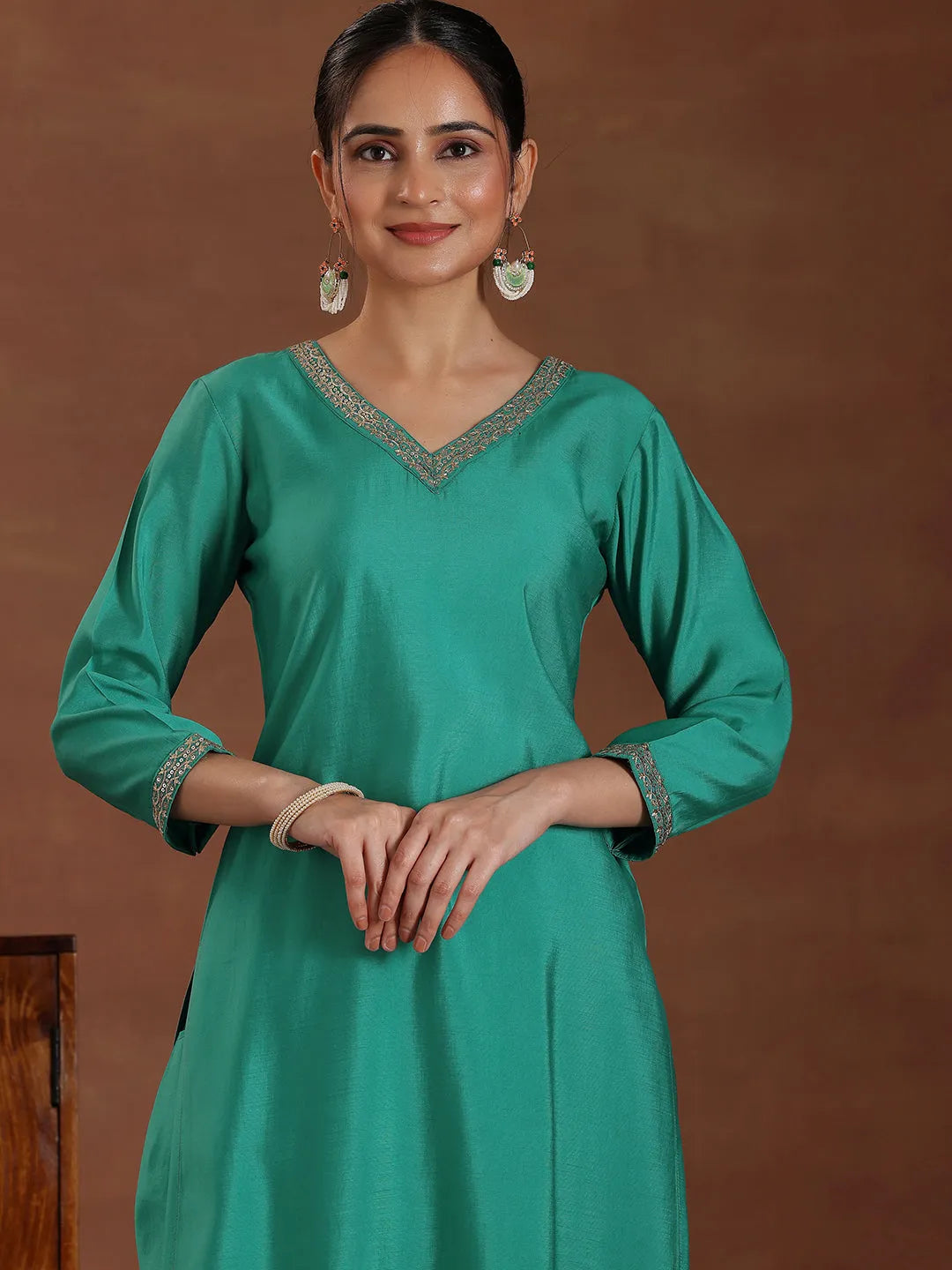  Blue Solid Silk Blend Straight Suit With Dupatta 