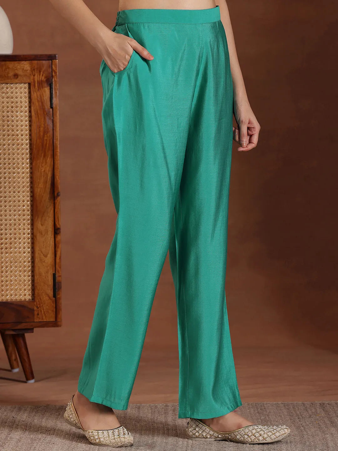 Blue Solid Silk Blend Straight Suit With Dupatta 