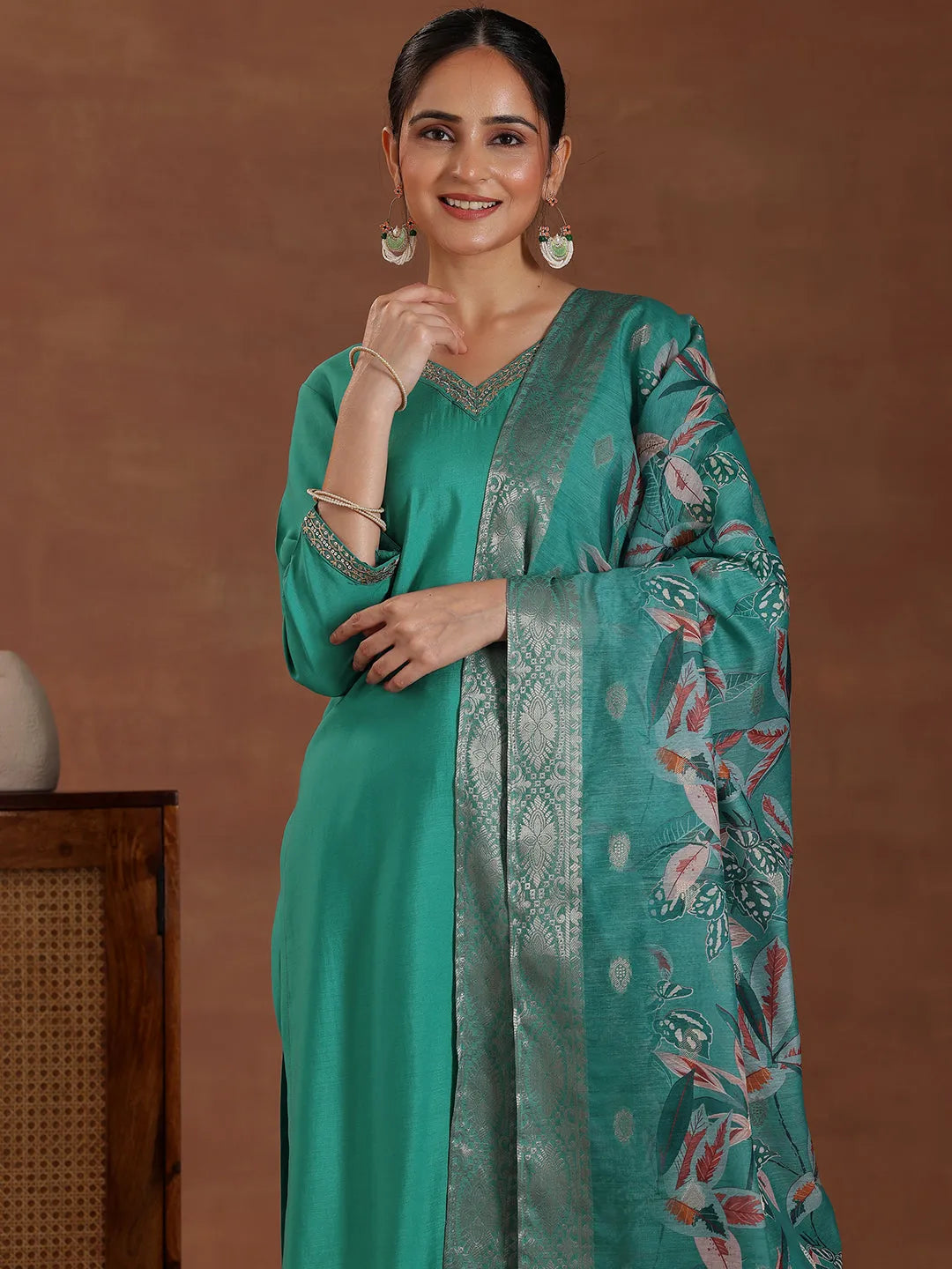  Blue Solid Silk Blend Straight Suit With Dupatta 