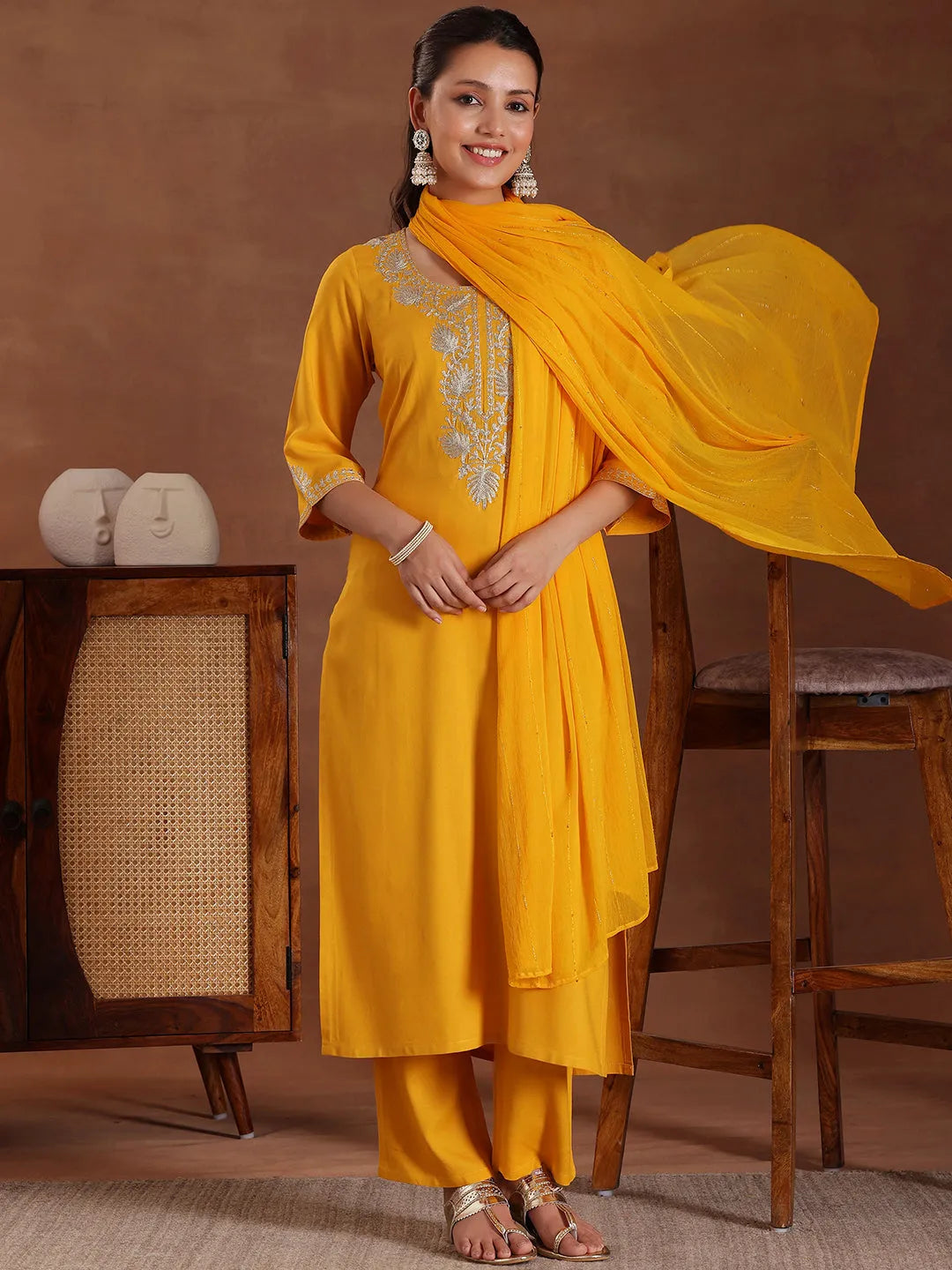 Mustard Yoke Design Rayon Straight Suit With Dupatta-image-39