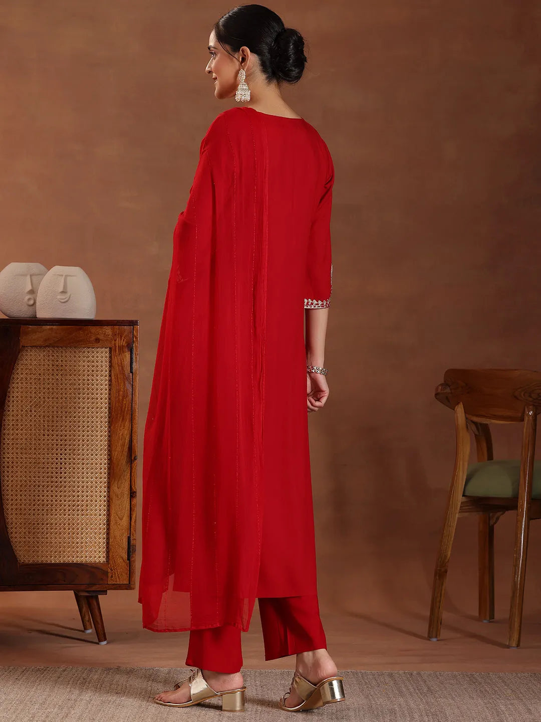 Red Yoke Design Rayon Straight Suit With Dupatta 