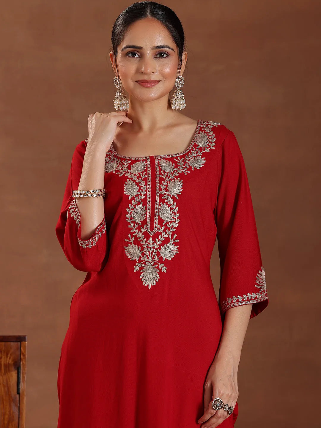 Red Yoke Design Rayon Straight Suit With Dupatta 