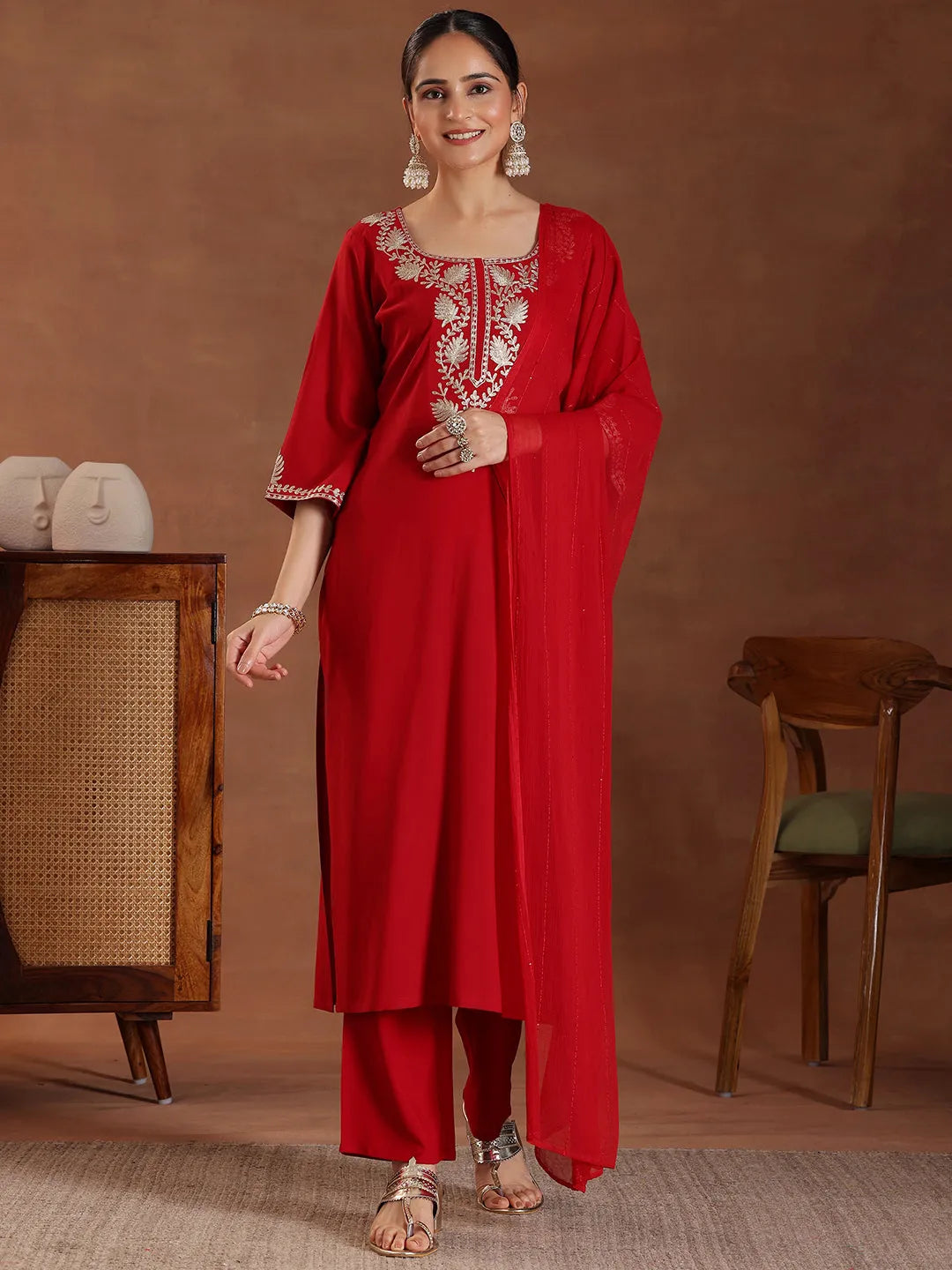 Red Yoke Design Rayon Straight Suit With Dupatta 
