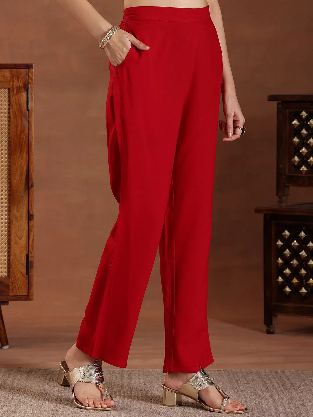  Red Yoke Design Rayon Straight Suit With Dupatta 