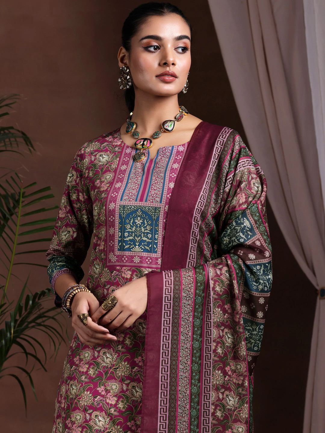  Brown Printed Poly Crepe Straight Suit With Dupatta 
