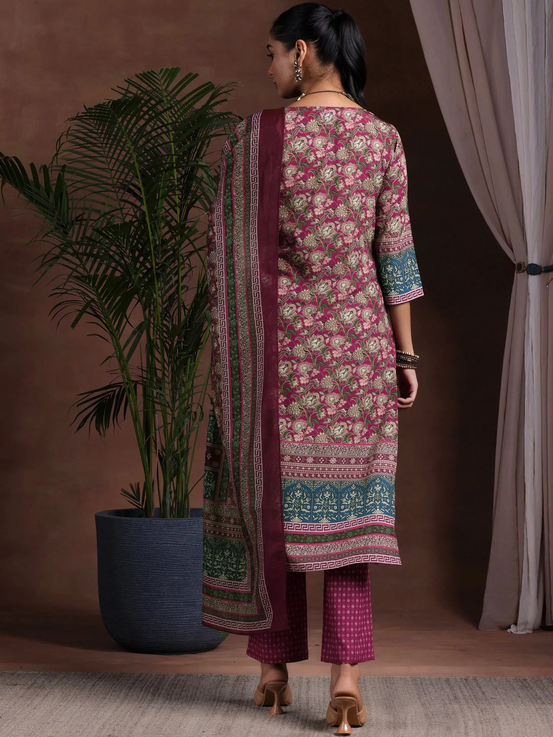 Brown Printed Poly Crepe Straight Suit With Dupatta 