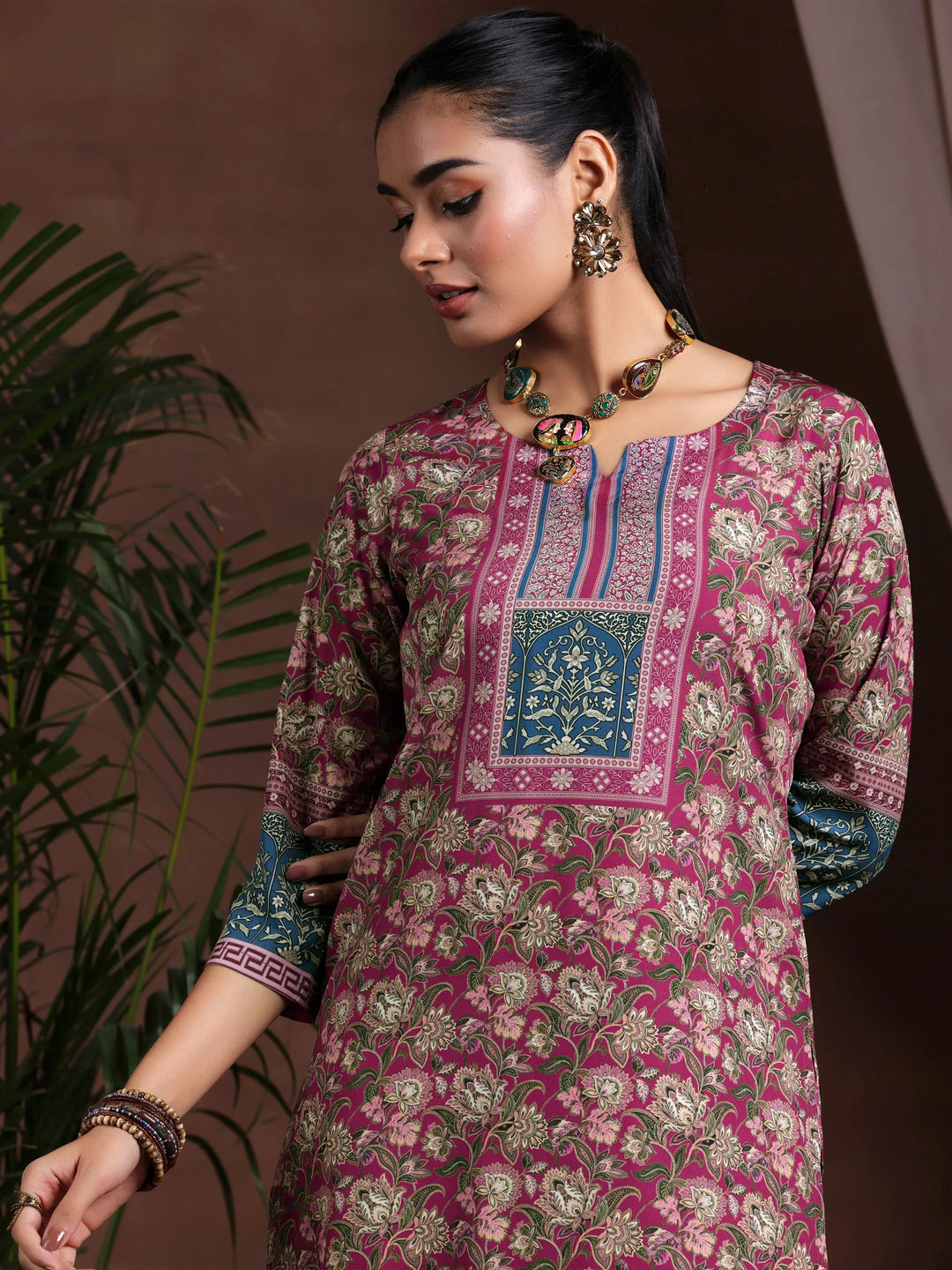  Brown Printed Poly Crepe Straight Suit With Dupatta 