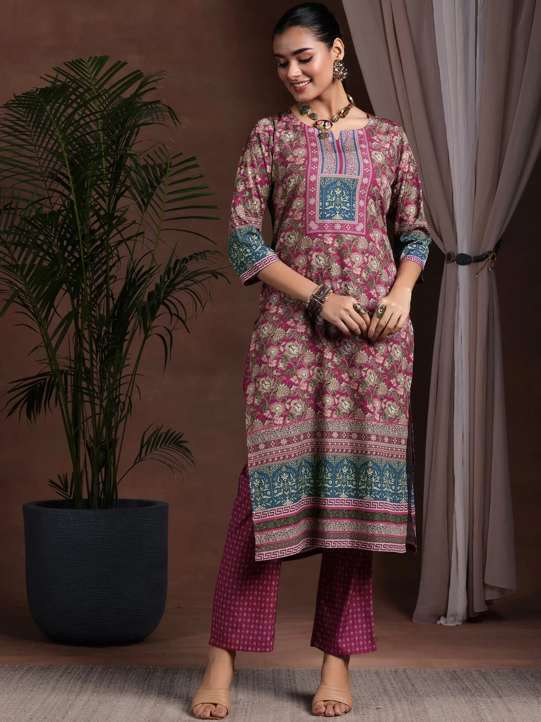  Brown Printed Poly Crepe Straight Suit With Dupatta 
