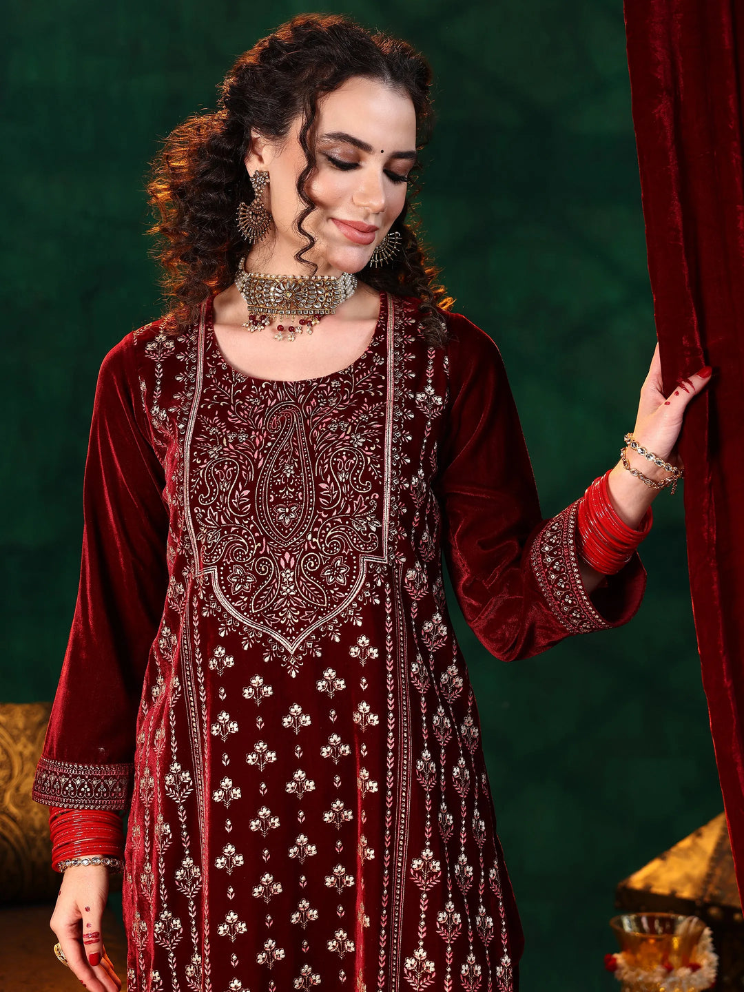  Maroon Printed Velvet Straight Suit With Dupatta 