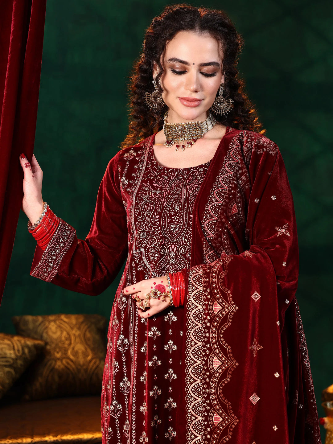  Maroon Printed Velvet Straight Suit With Dupatta 