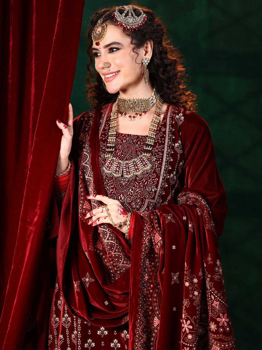  Maroon Printed Velvet Straight Suit With Dupatta 