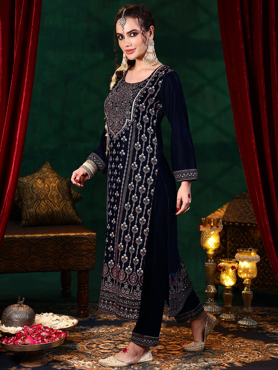  Blue Printed Velvet Straight Suit With Dupatta 