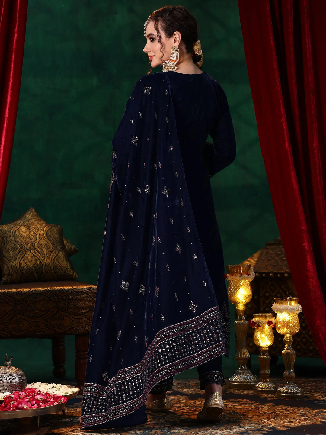  Blue Printed Velvet Straight Suit With Dupatta 