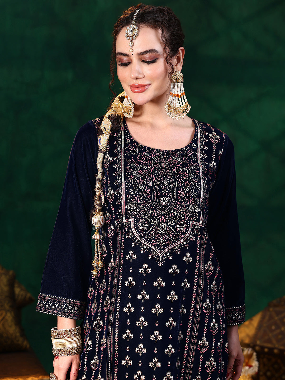  Blue Printed Velvet Straight Suit With Dupatta 