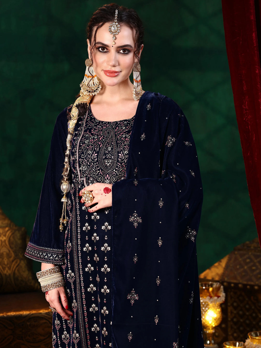  Blue Printed Velvet Straight Suit With Dupatta 