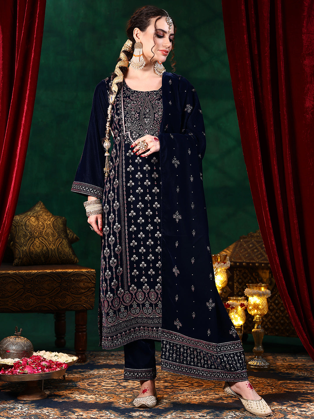  Blue Printed Velvet Straight Suit With Dupatta 