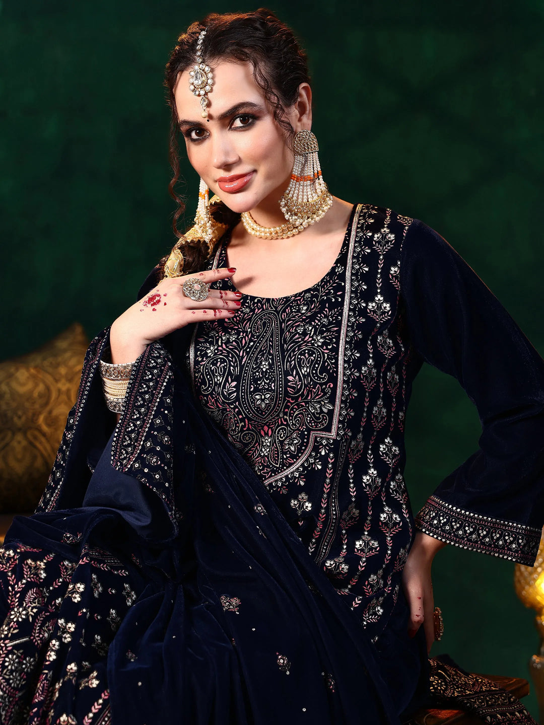  Blue Printed Velvet Straight Suit With Dupatta 