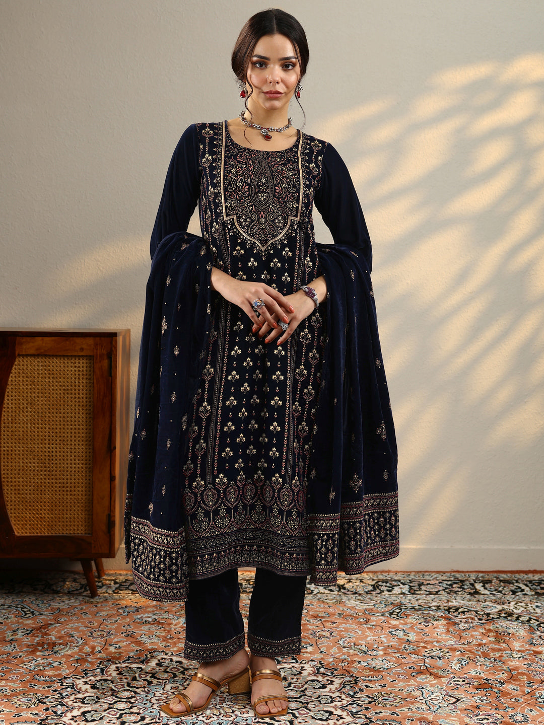  Blue Printed Velvet Straight Suit With Dupatta 