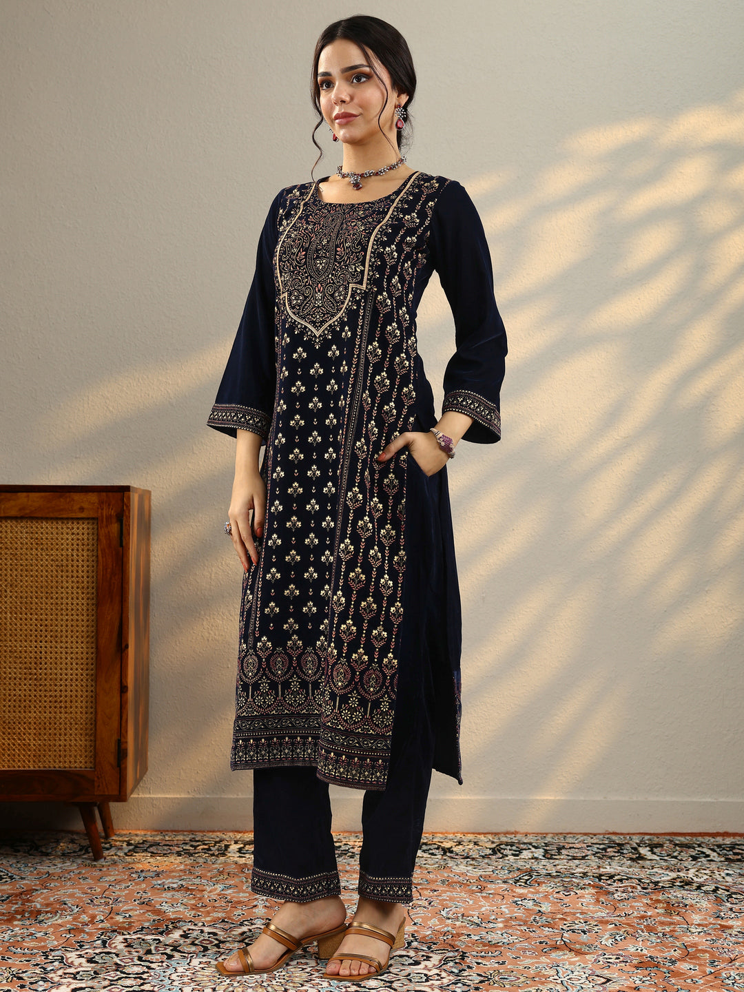  Blue Printed Velvet Straight Suit With Dupatta 