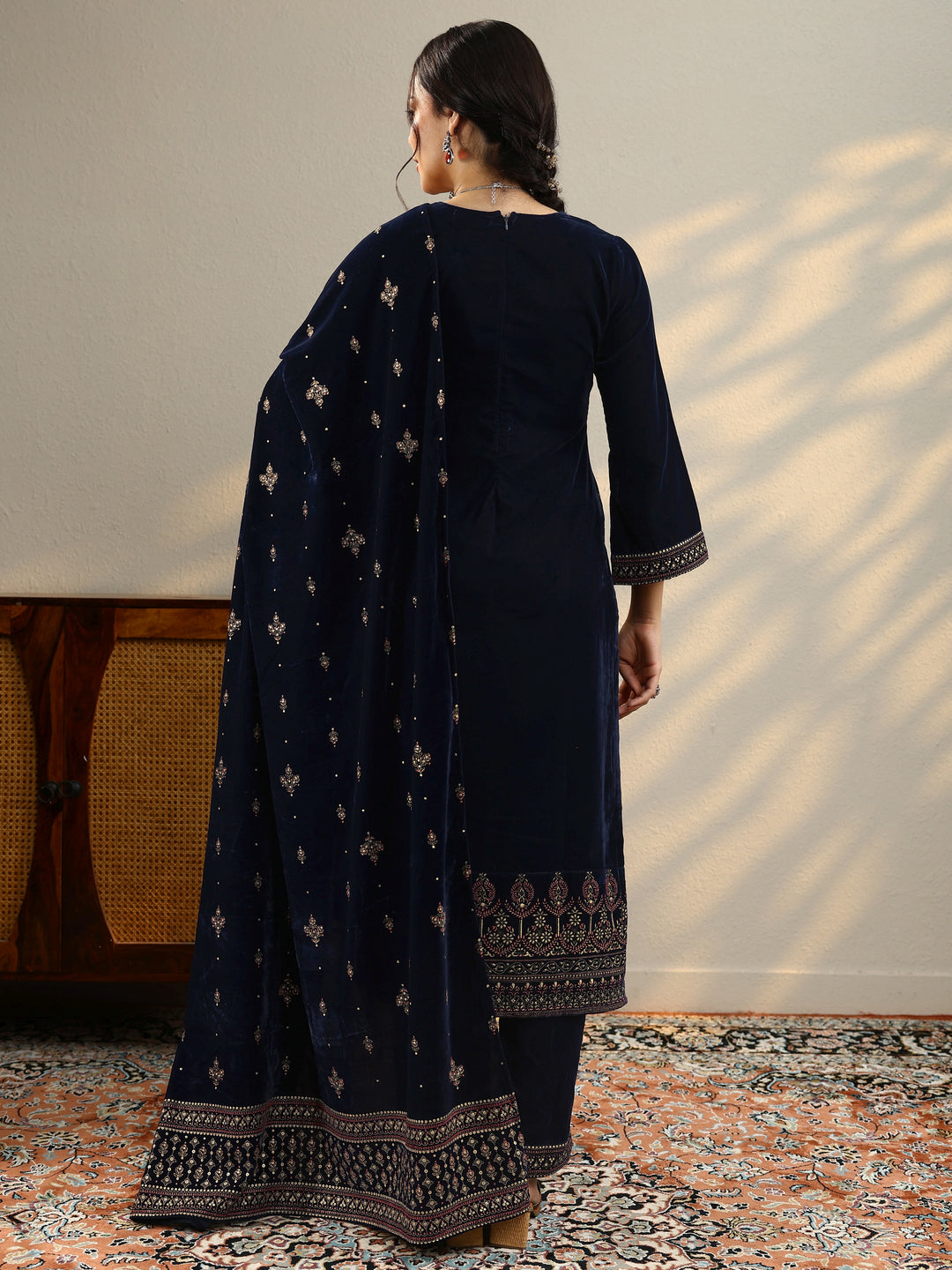  Blue Printed Velvet Straight Suit With Dupatta 