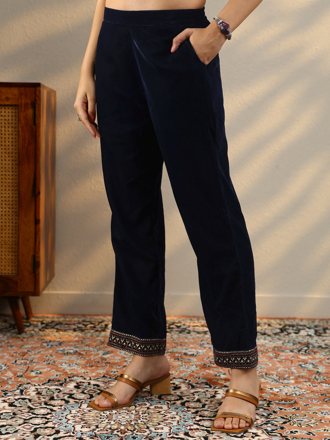  Blue Printed Velvet Straight Suit With Dupatta 