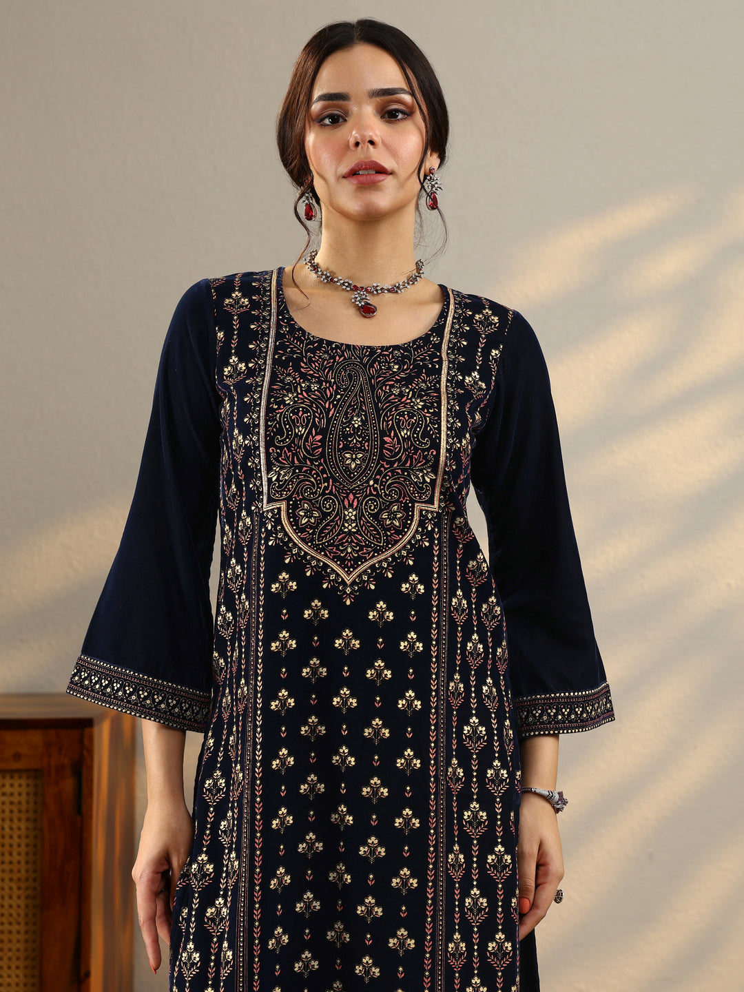  Blue Printed Velvet Straight Suit With Dupatta 