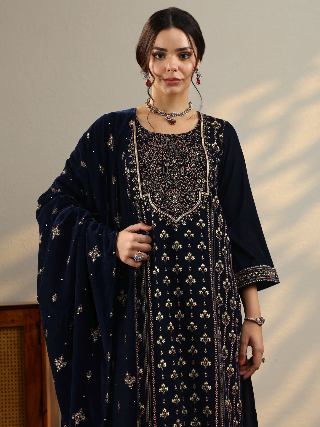 Blue Printed Velvet Straight Suit With Dupatta 