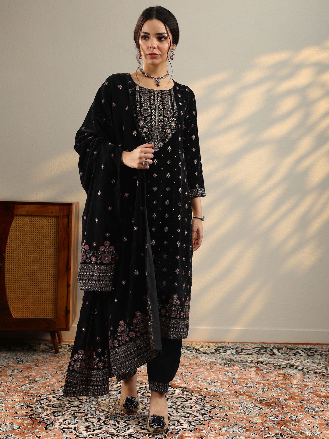  Black Embroidered Velvet Straight Suit With Dupatta 