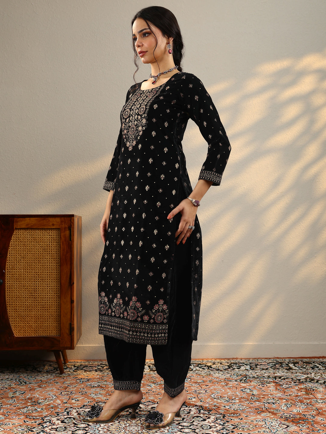  Black Embroidered Velvet Straight Suit With Dupatta 